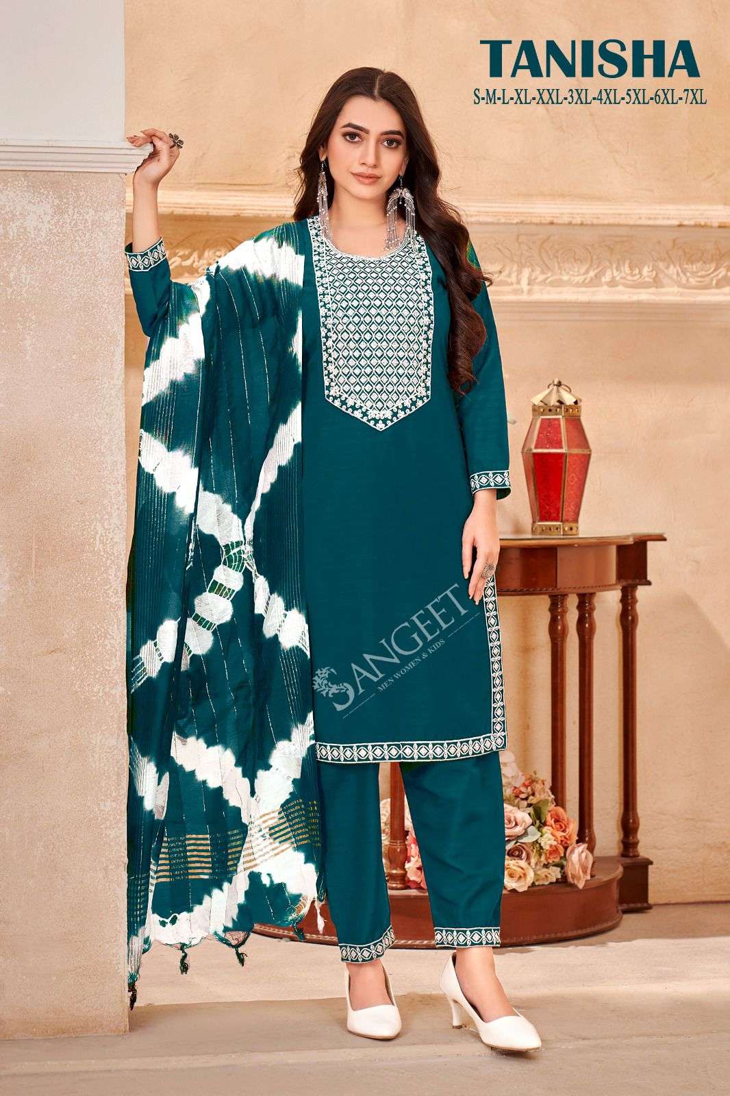 TANISHA VISCOSE RAYON WHITE EMBROIDERY SEQUENCE WORK KURTI WITH PANT AND CORONA SHADED DUPATTA BY SANGEET BRAND 1002